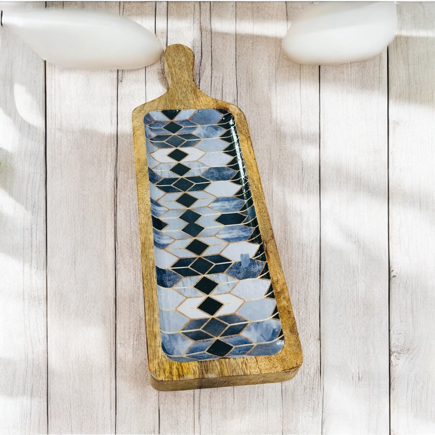 Meraki Contrast Geometric Elegance Mango Wood Long Platter - single