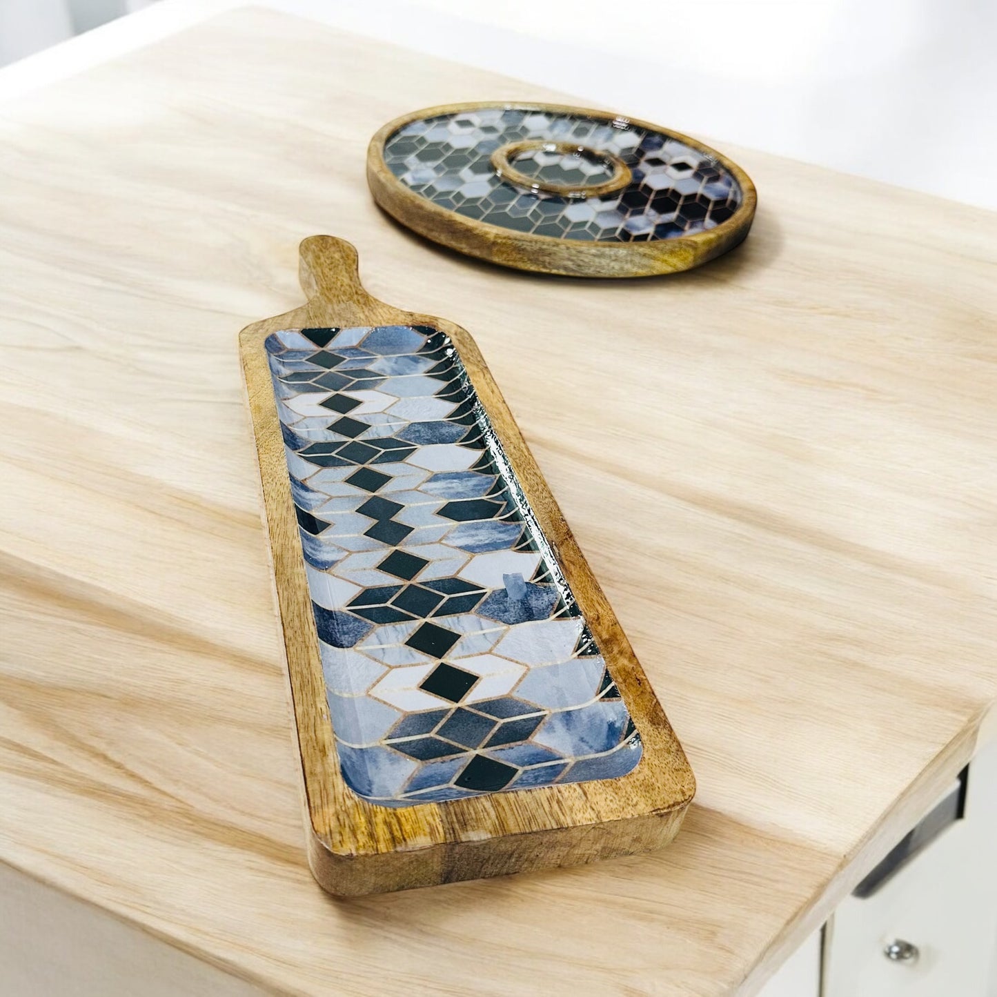 Meraki Contrast Geometric Elegance Mango Wood Long Platter - single