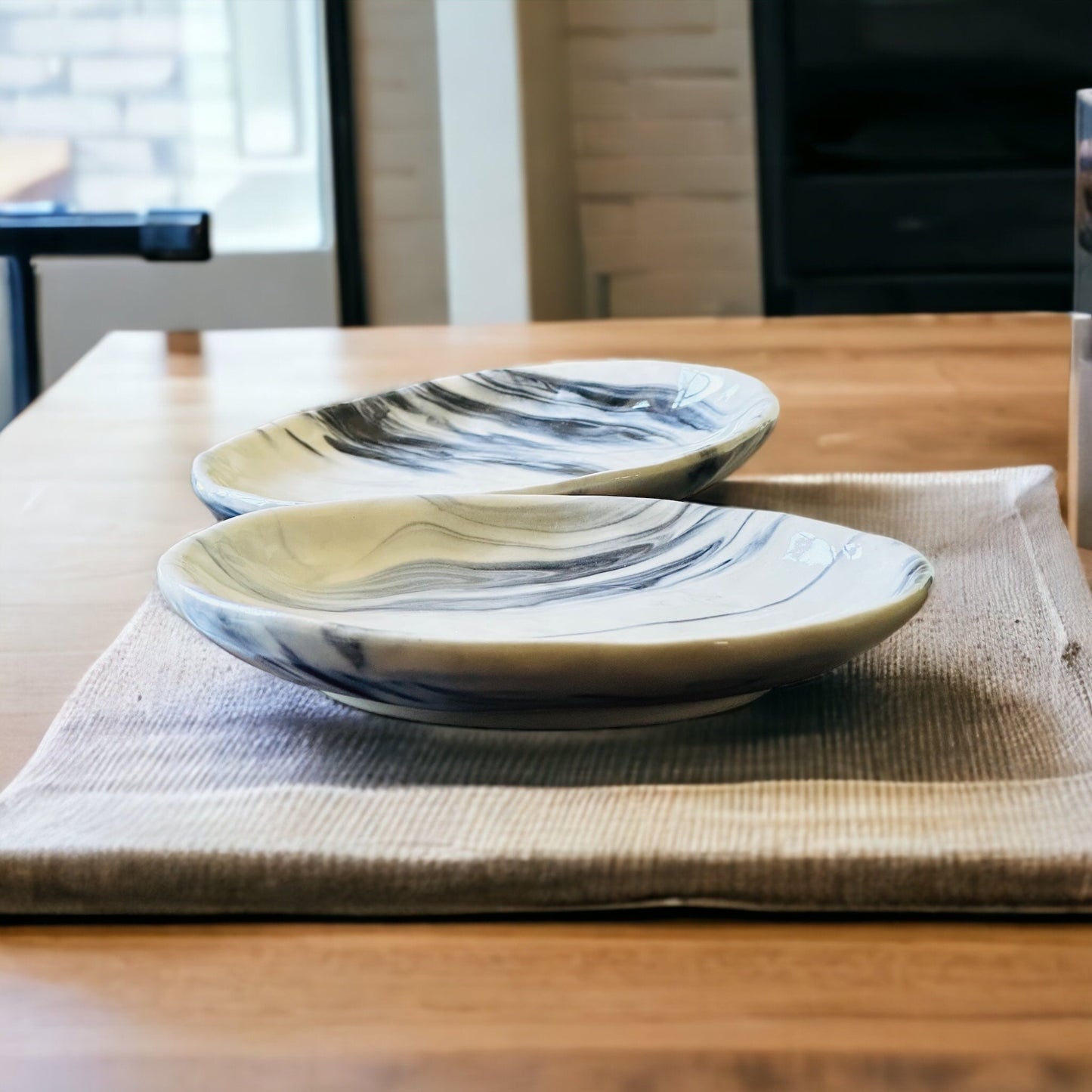 Marble-finish stoneware snack plates - set of two