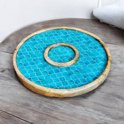 Meraki Turquoise Dream Mango Wood Round Dip Platter - single