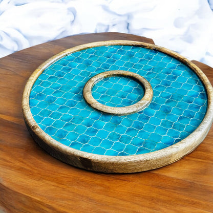 Meraki Turquoise Dream Mango Wood Round Dip Platter - single
