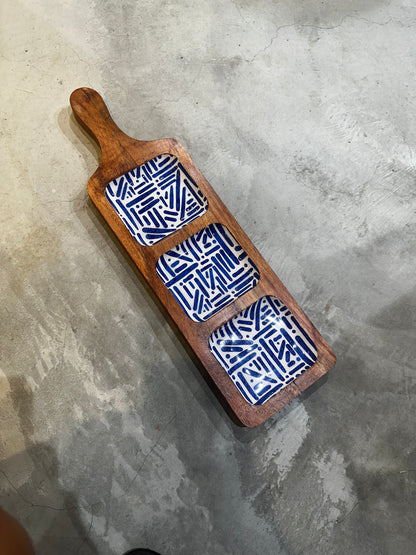 Meraki Blue Meridian Three Part Acacia Wood Platter - single