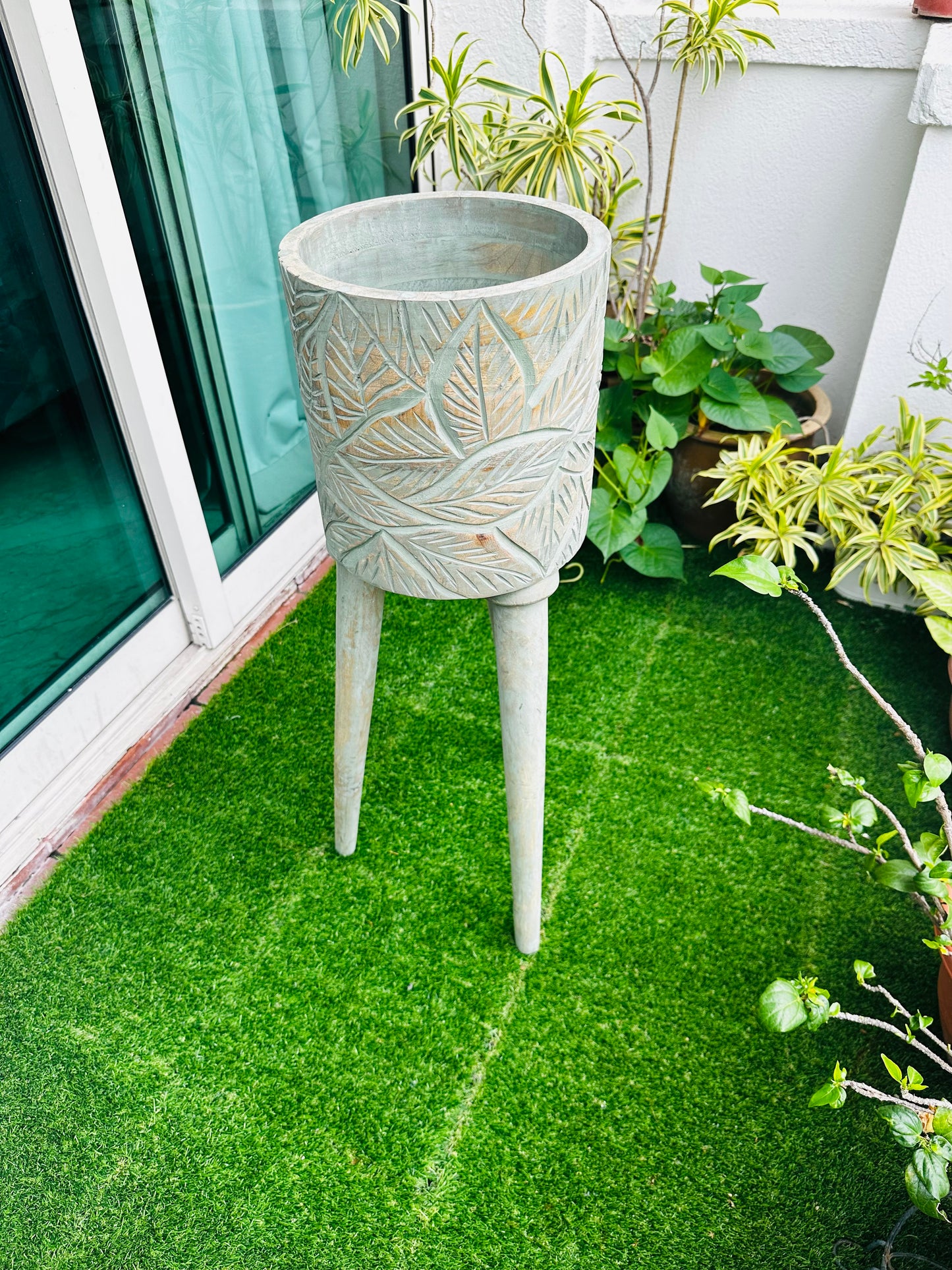 The Antique Verdigris Vessel Mango Wood Planter with detachable legs