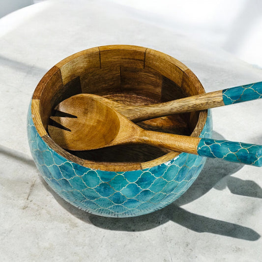 Meraki Turquoise Dream Mango Wood Salad bowl with 2 Servers