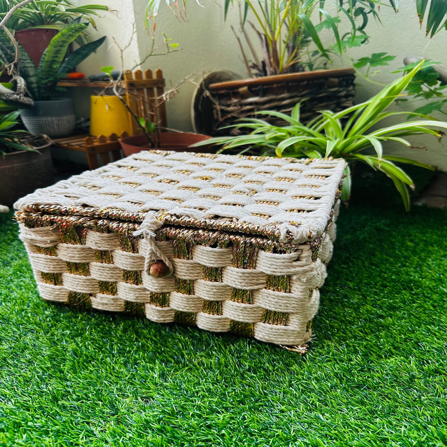 White & Gold Woven Tones Cotton Rope Organizer Box - single