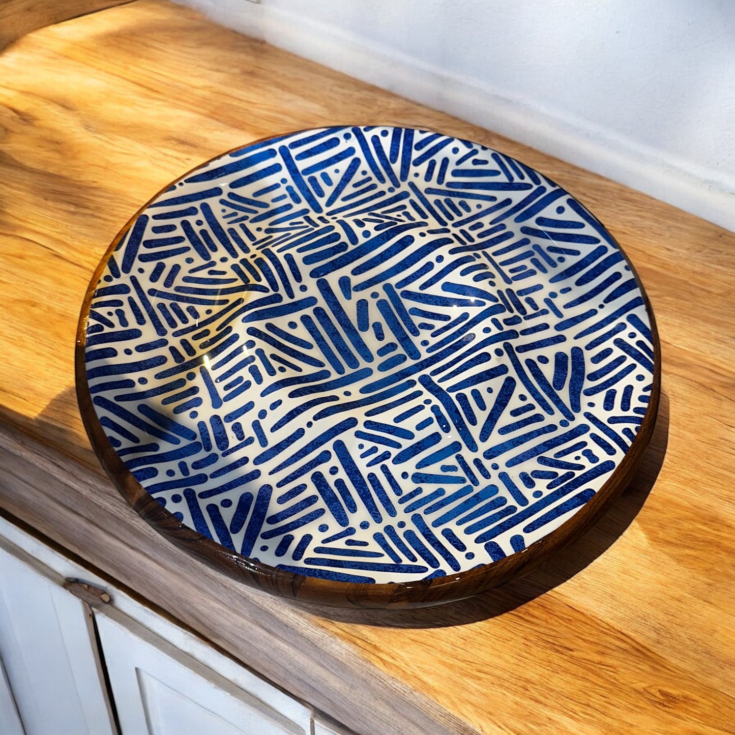 Meraki Blue Meridian Round Dip Acacia Wood Platter - single