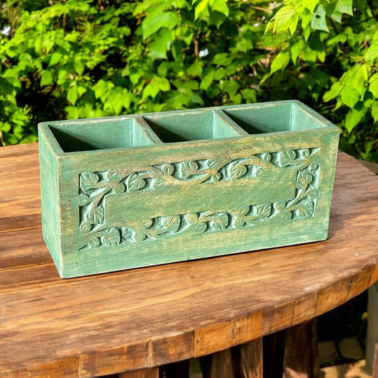 Mango Grove Washed Green Antique Leaf-Embossed Cutlery Holder - single