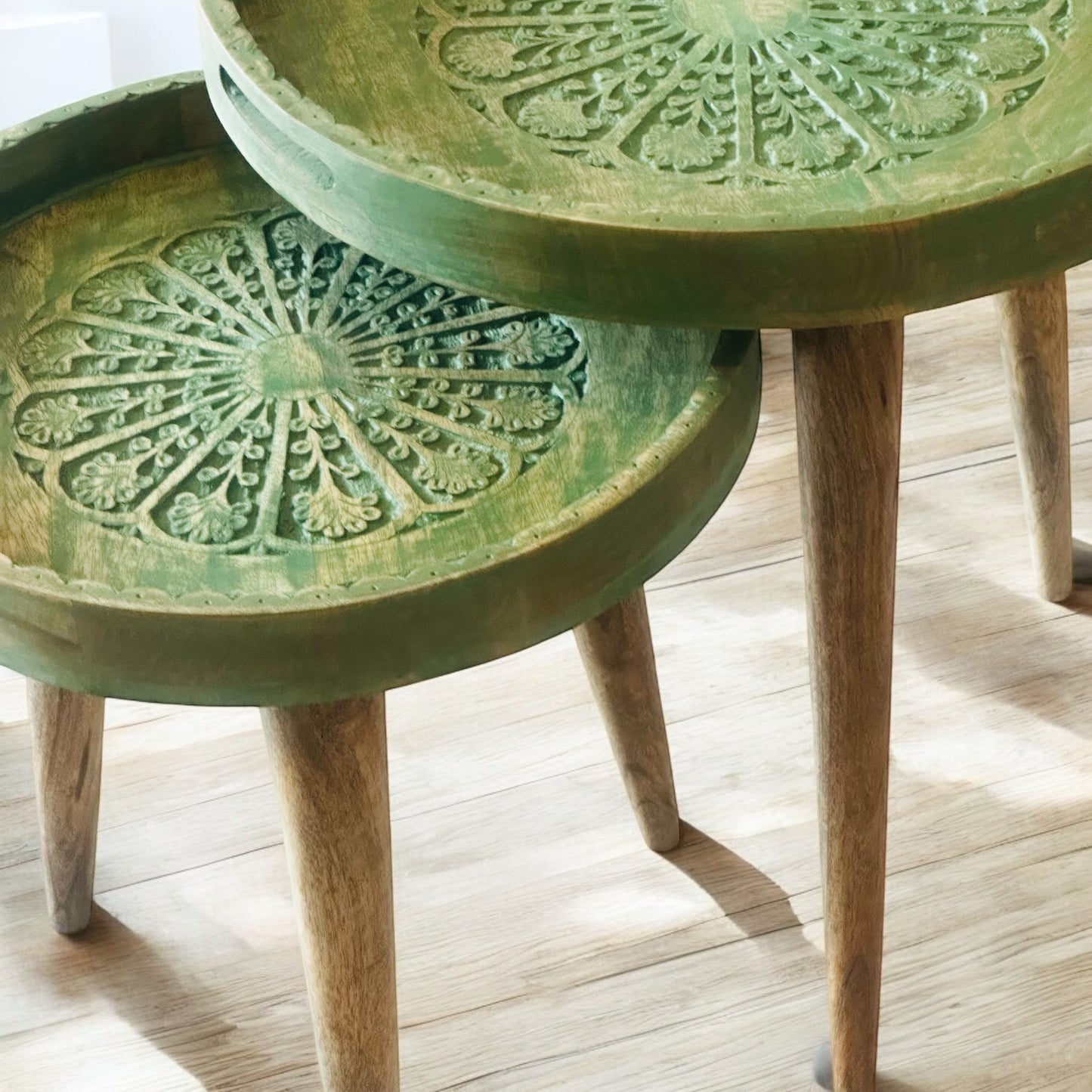 Mango Wood Antique Washed Green LeafHaven Detachable Tables