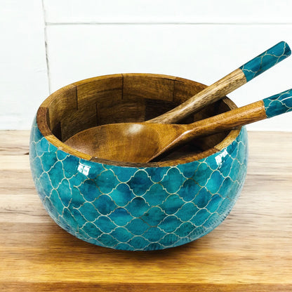Meraki Turquoise Dream Mango Wood Salad bowl with 2 Servers