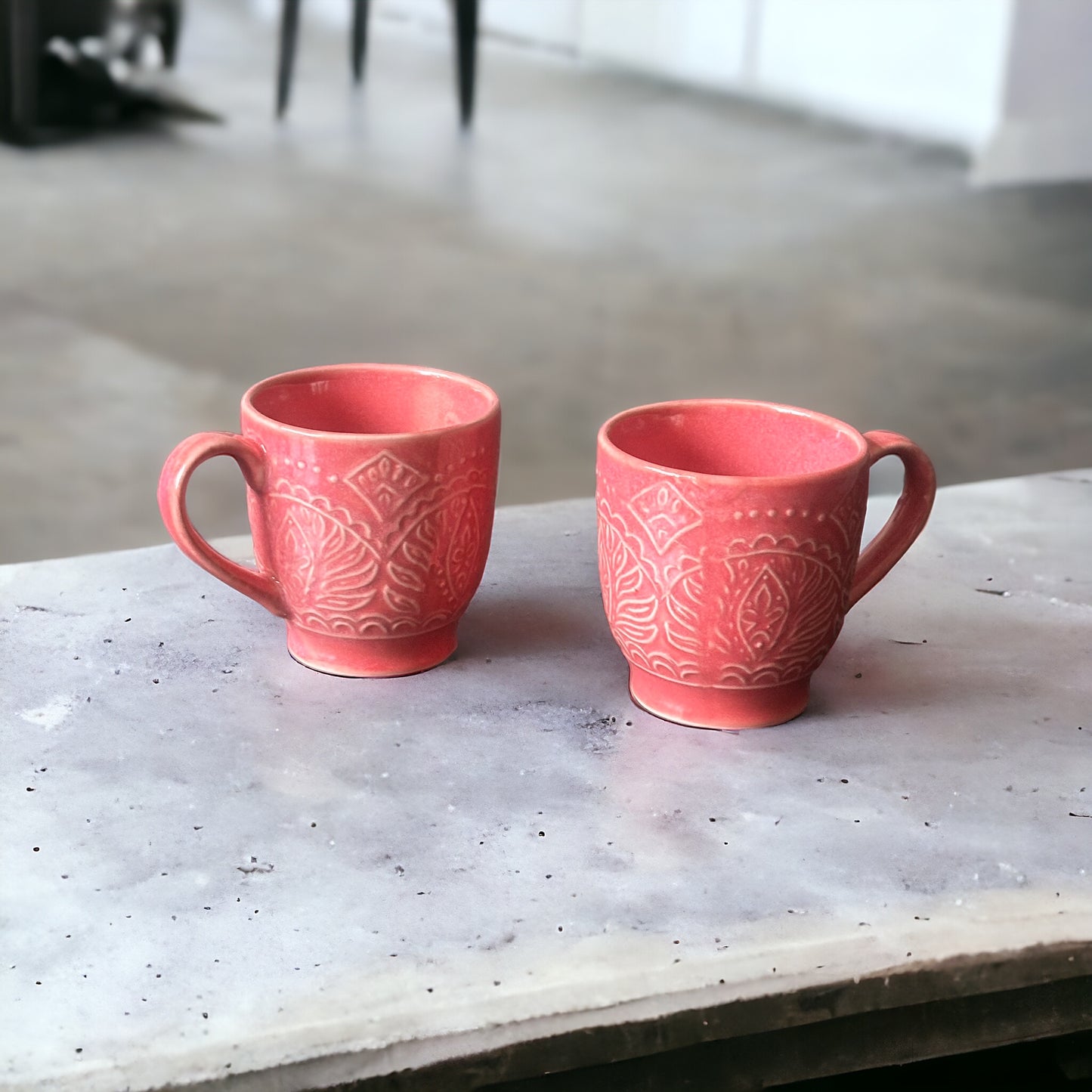 Pink Renee Embossed Studio Pottery Mugs - set of 2