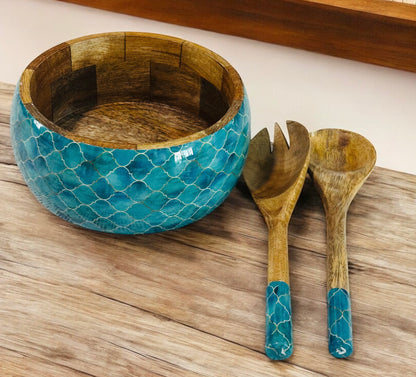 Meraki Turquoise Dream Mango Wood Salad bowl with 2 Servers