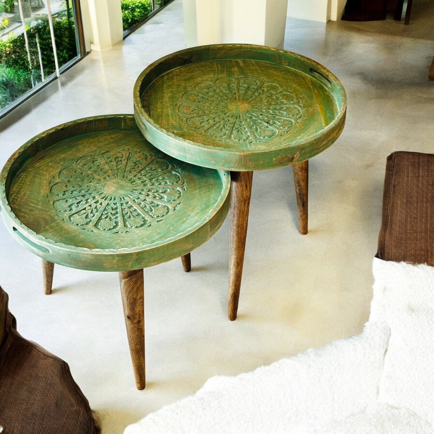 Mango Wood Antique Washed Green LeafHaven Detachable Tables