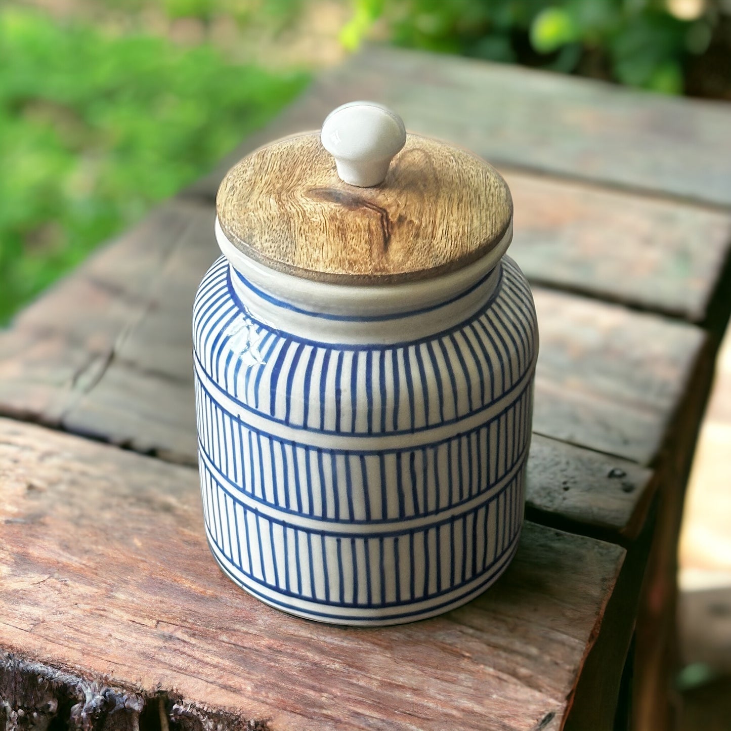 Hand painted blue geometric lines airtight jar - single