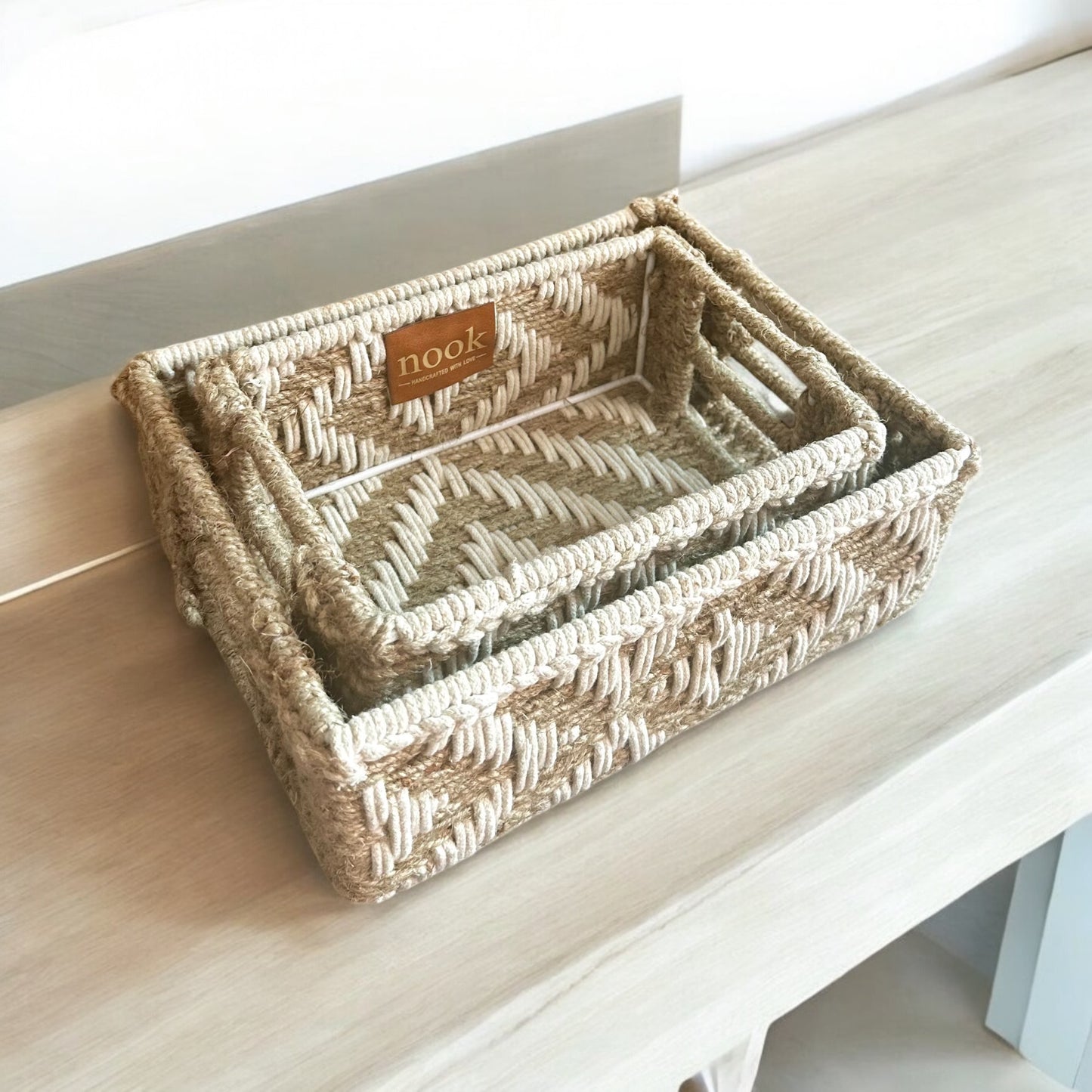 Jute Harmony Eco Chic White Natural Colour Rectangle Tray - single