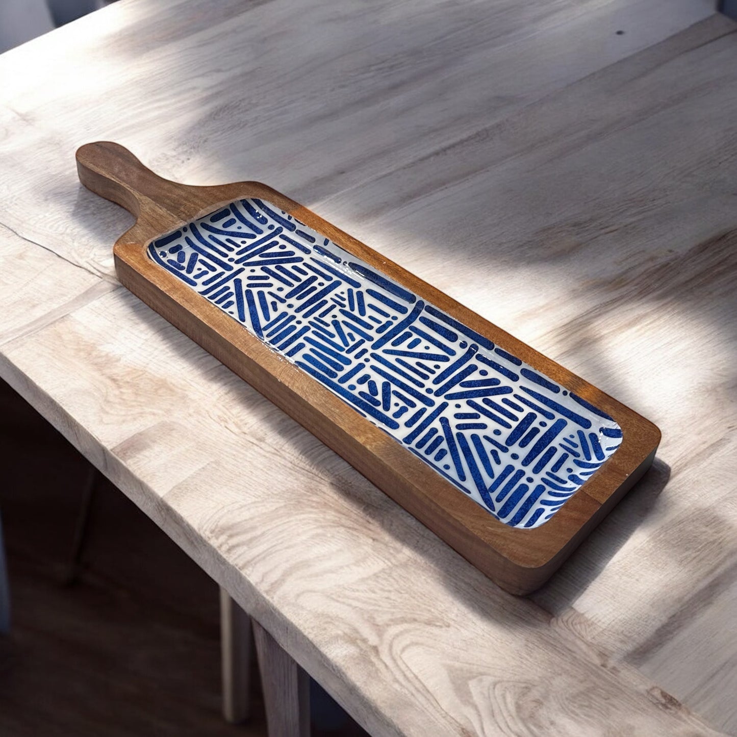 Meraki Blue Meridian Long Acacia Wood Platter - single