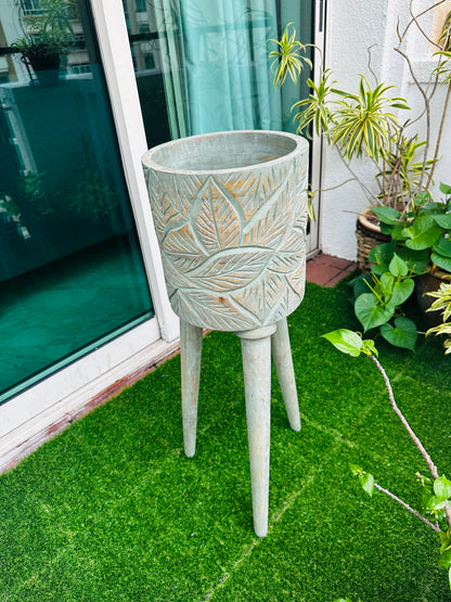 The Antique Verdigris Vessel Mango Wood Planter with detachable legs