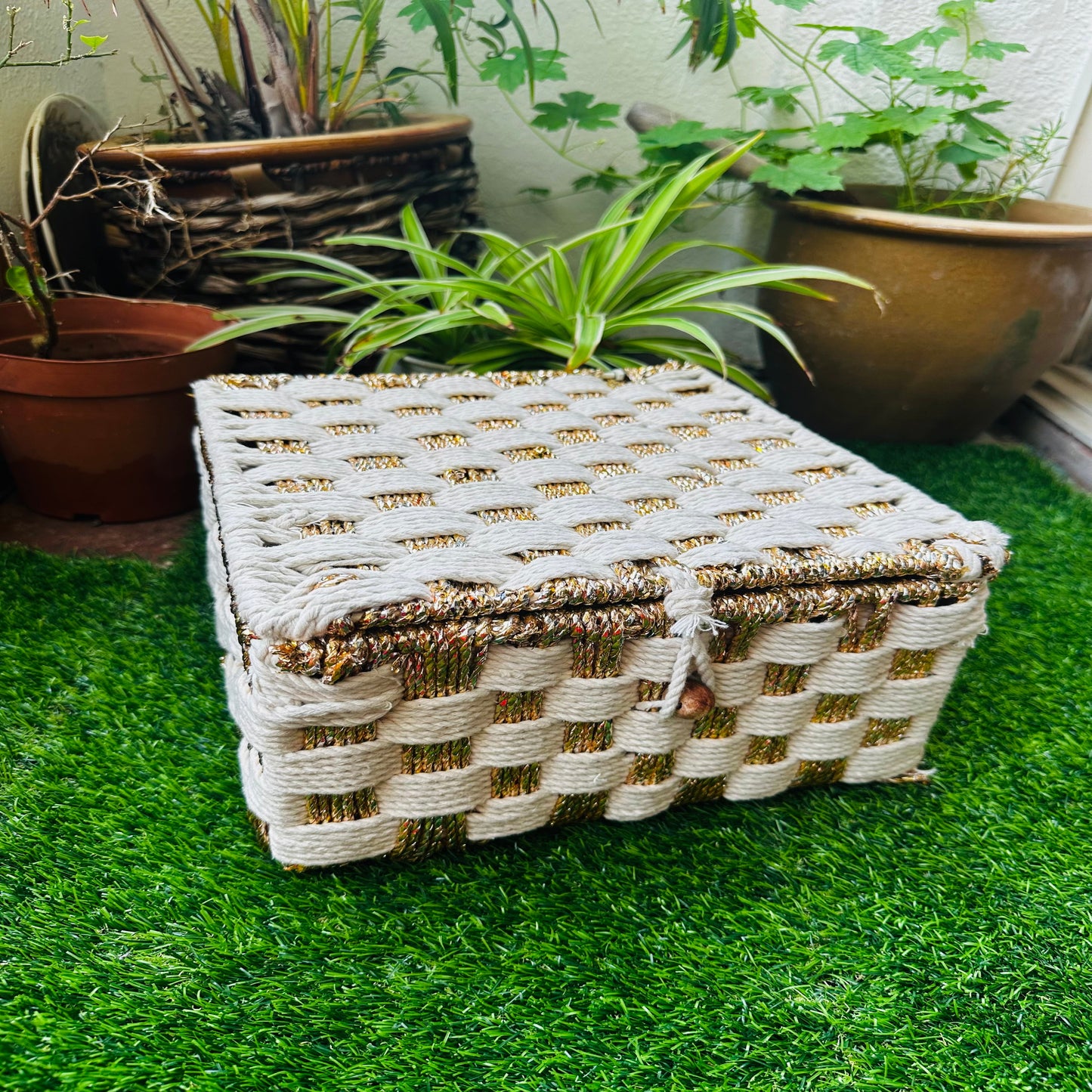White & Gold Woven Tones Cotton Rope Organizer Box - single