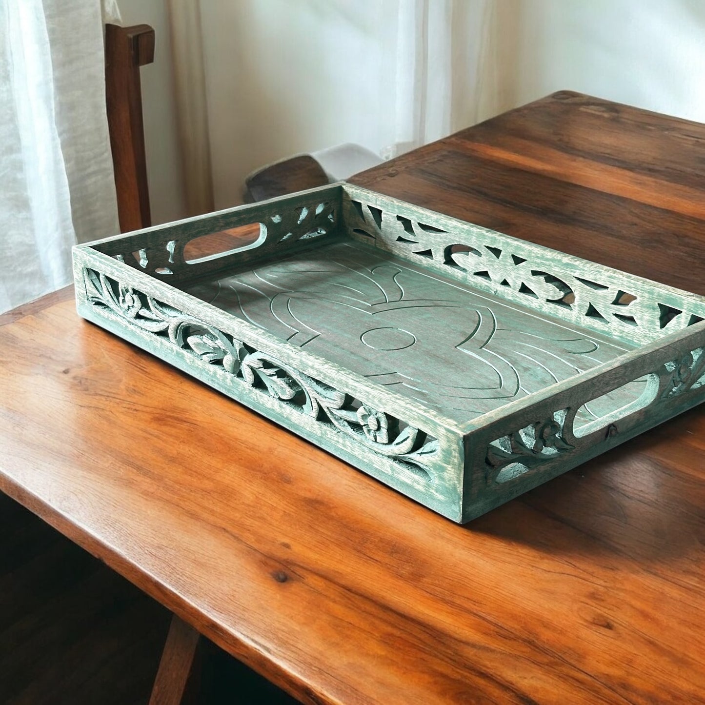 Mango Wood Washed Green Nested Antique Rectangular Trays