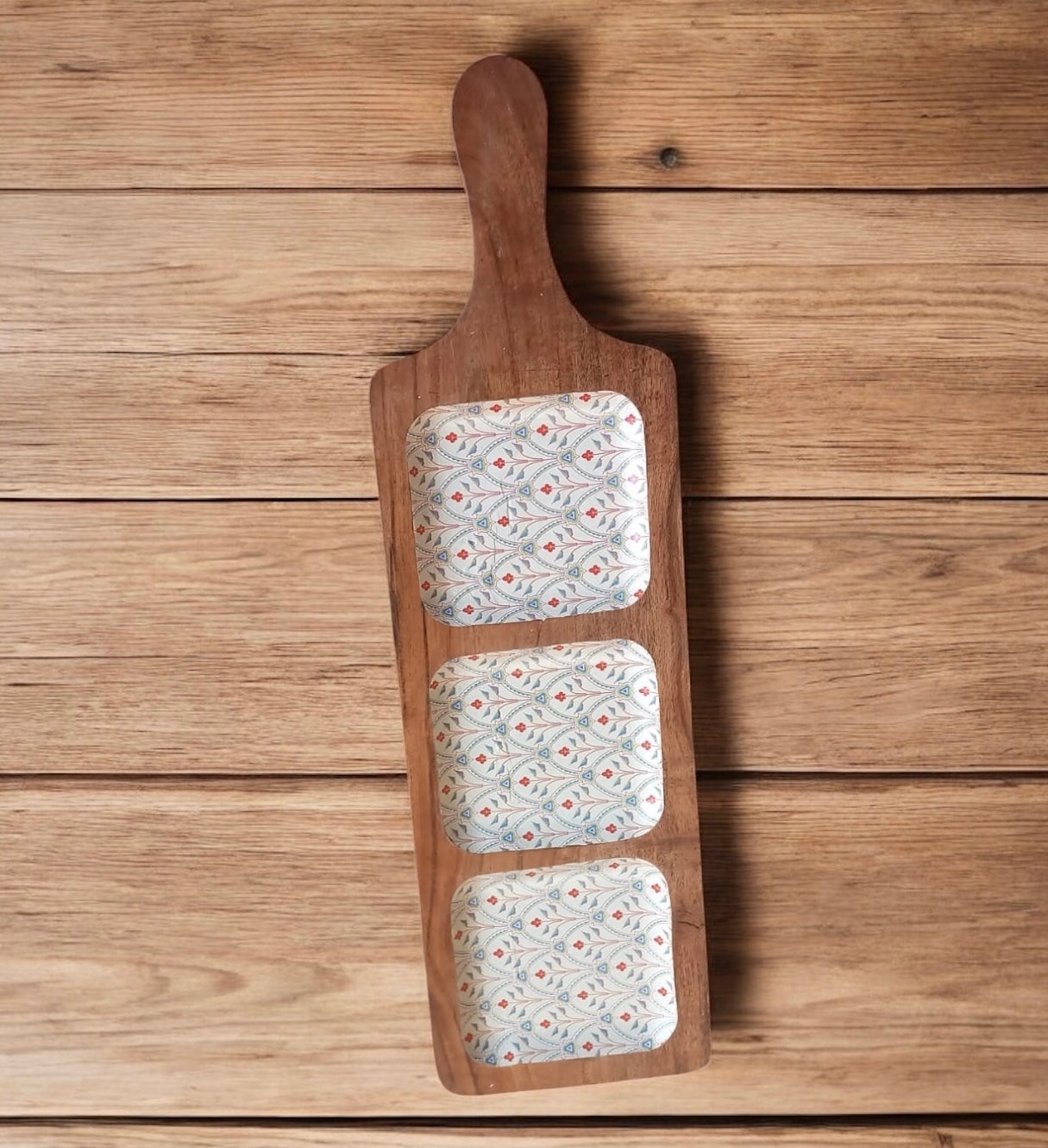 Meraki Scarlet Blossom Three Part Acacia Wood Platter - single