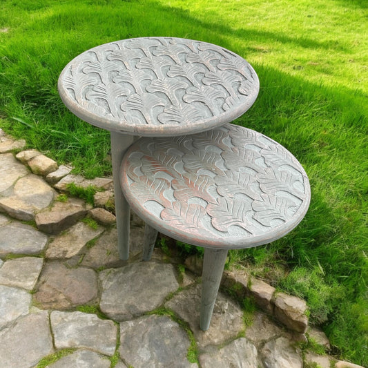 Antique Carved Mist Mango Wood Table with Detachable Legs