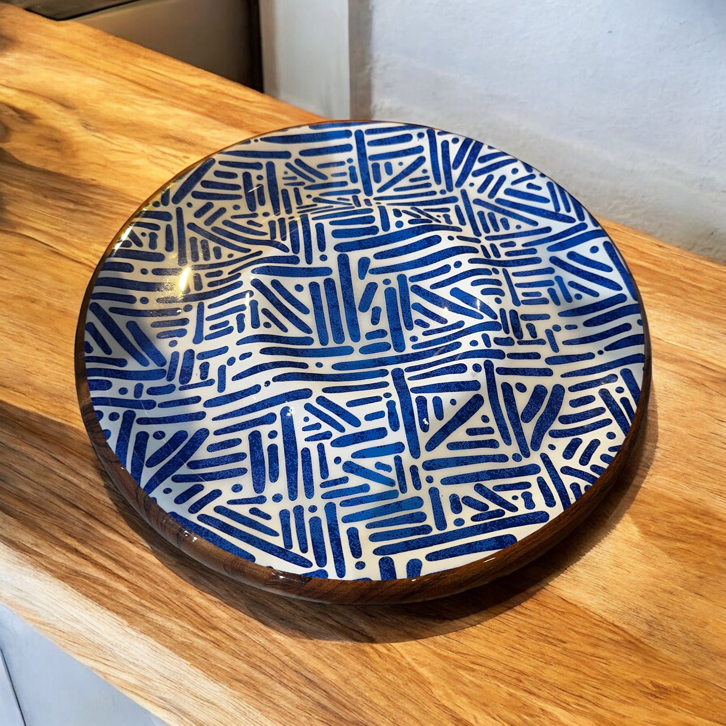 Meraki Blue Meridian Round Dip Acacia Wood Platter - single