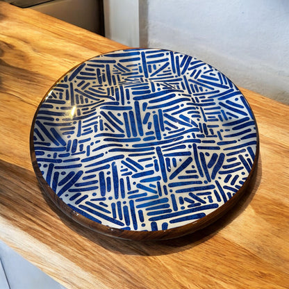 Meraki Blue Meridian Round Dip Acacia Wood Platter - single