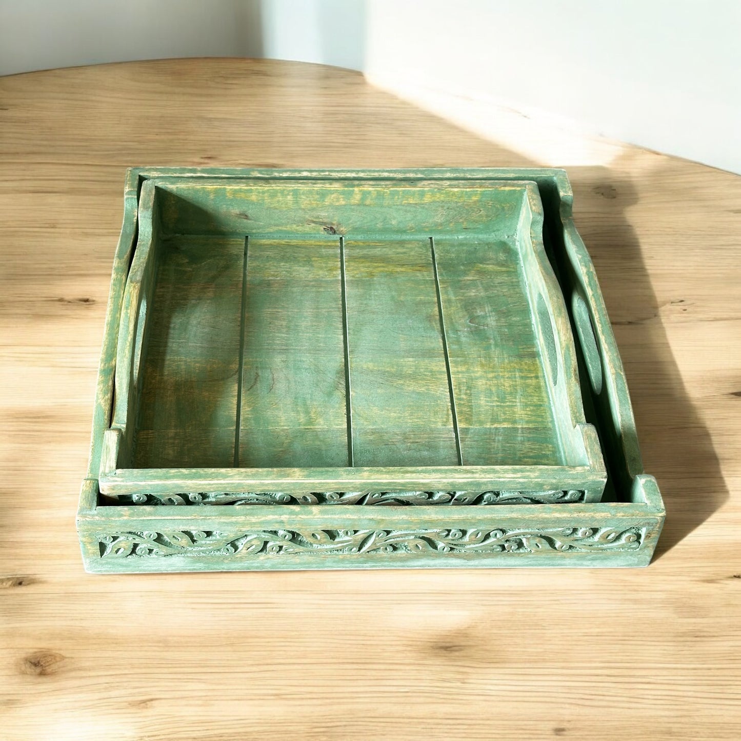 Mango Grove Washed Green Antique Leaf-Embossed Nested Square Trays