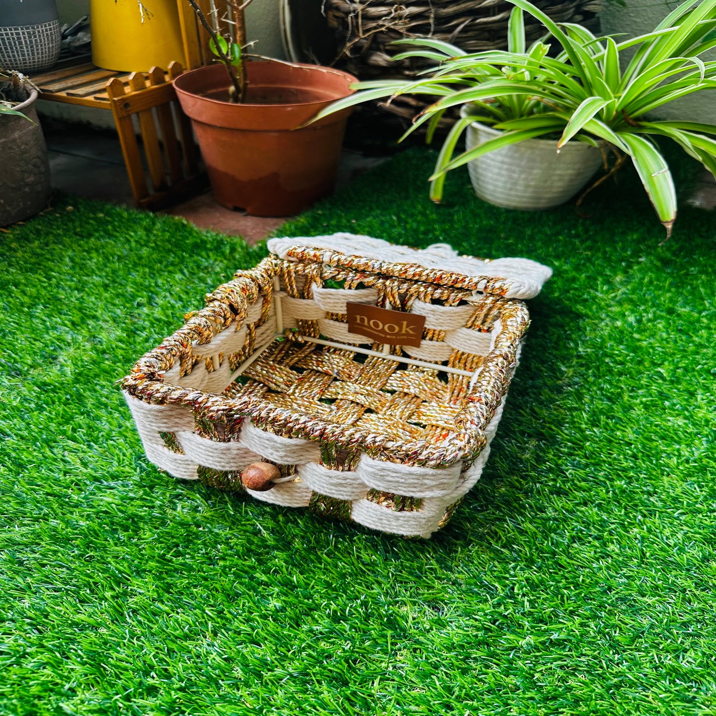 White & Gold Woven Tones Cotton Rope Organizer Box - single