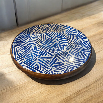 Meraki Blue Meridian Round Dip Acacia Wood Platter - single