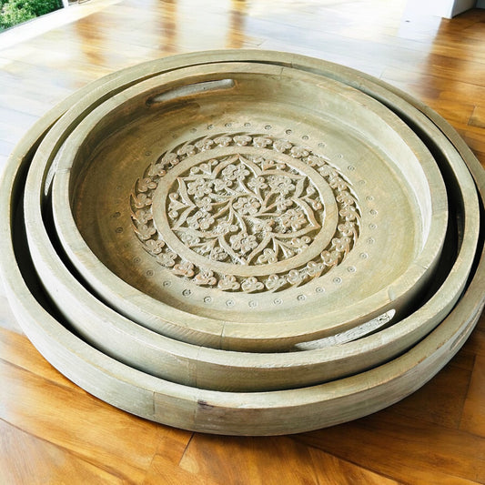 Mango Wood NatureLuxe Washed Olive Nested Antique Round Trays