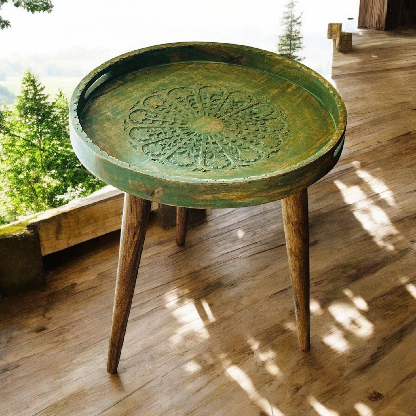 Mango Wood Antique Washed Green LeafHaven Detachable Tables