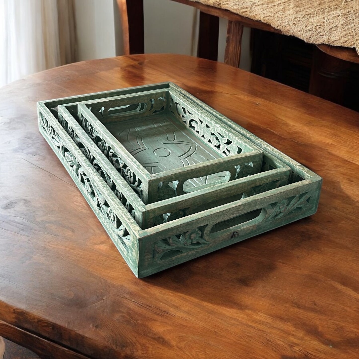 Mango Wood Washed Green Nested Antique Rectangular Trays