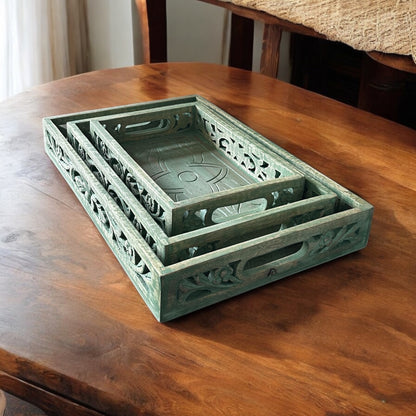 Mango Wood Washed Green Nested Antique Rectangular Trays