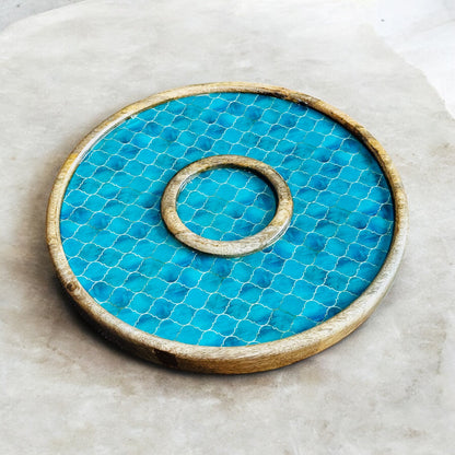 Meraki Turquoise Dream Mango Wood Round Dip Platter - single