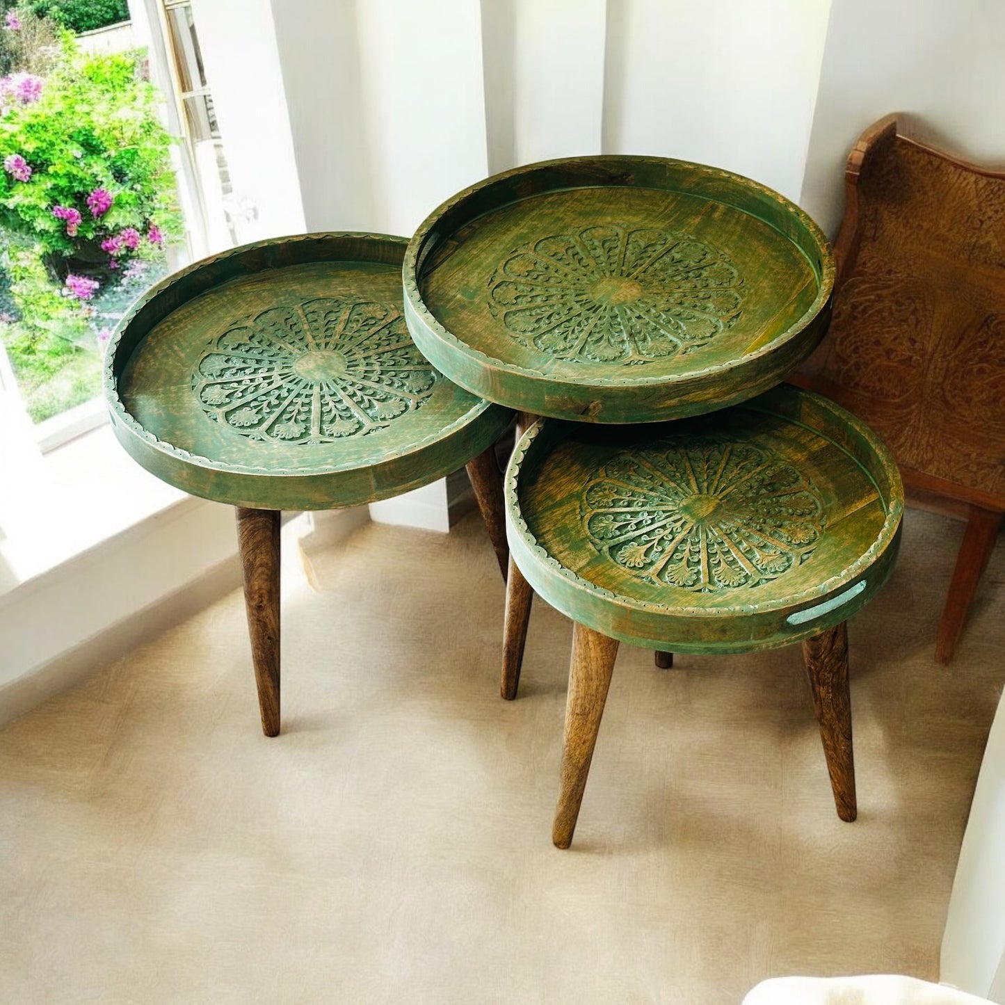 Mango Wood Antique Washed Green LeafHaven Detachable Tables