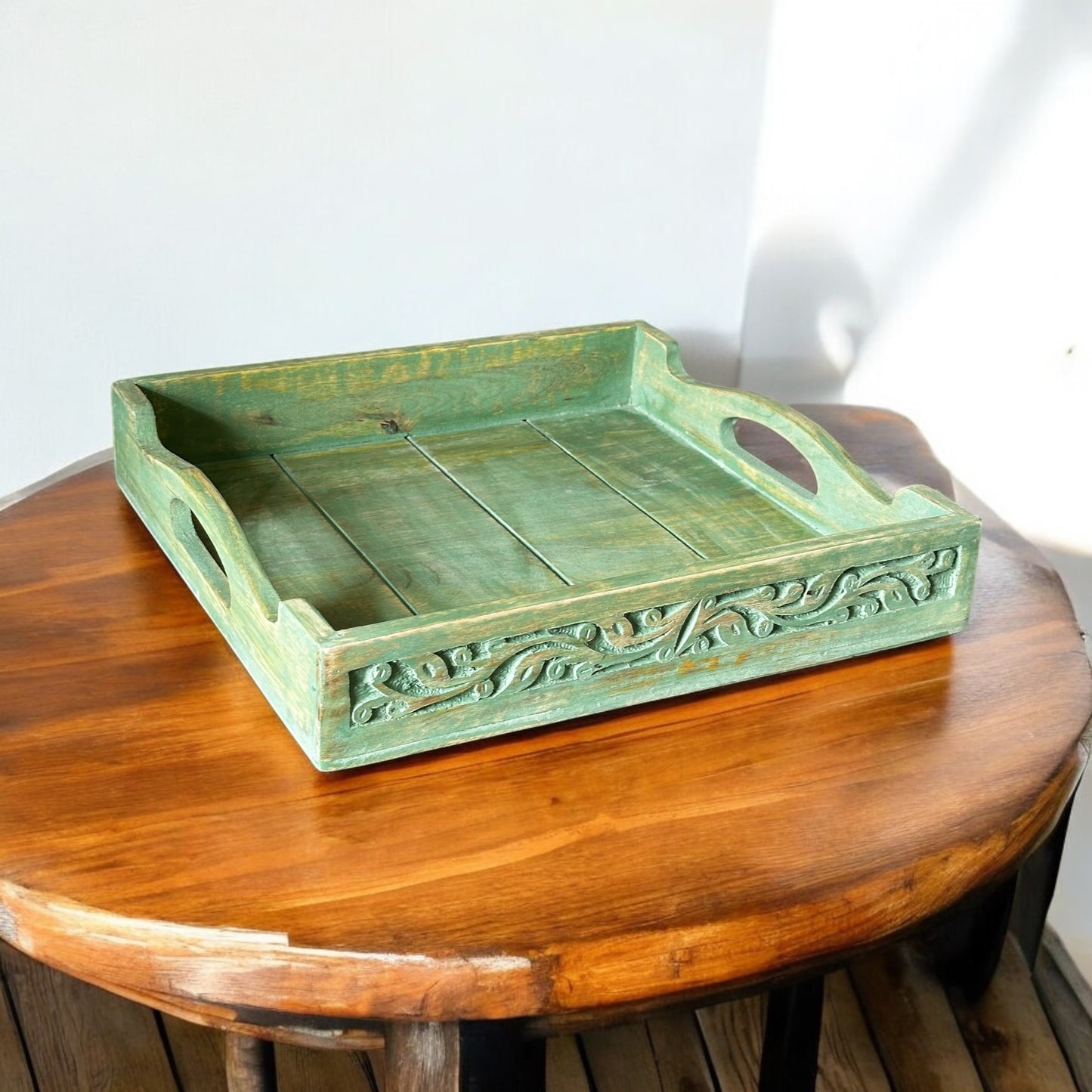 Mango Grove Washed Green Antique Leaf-Embossed Nested Square Trays