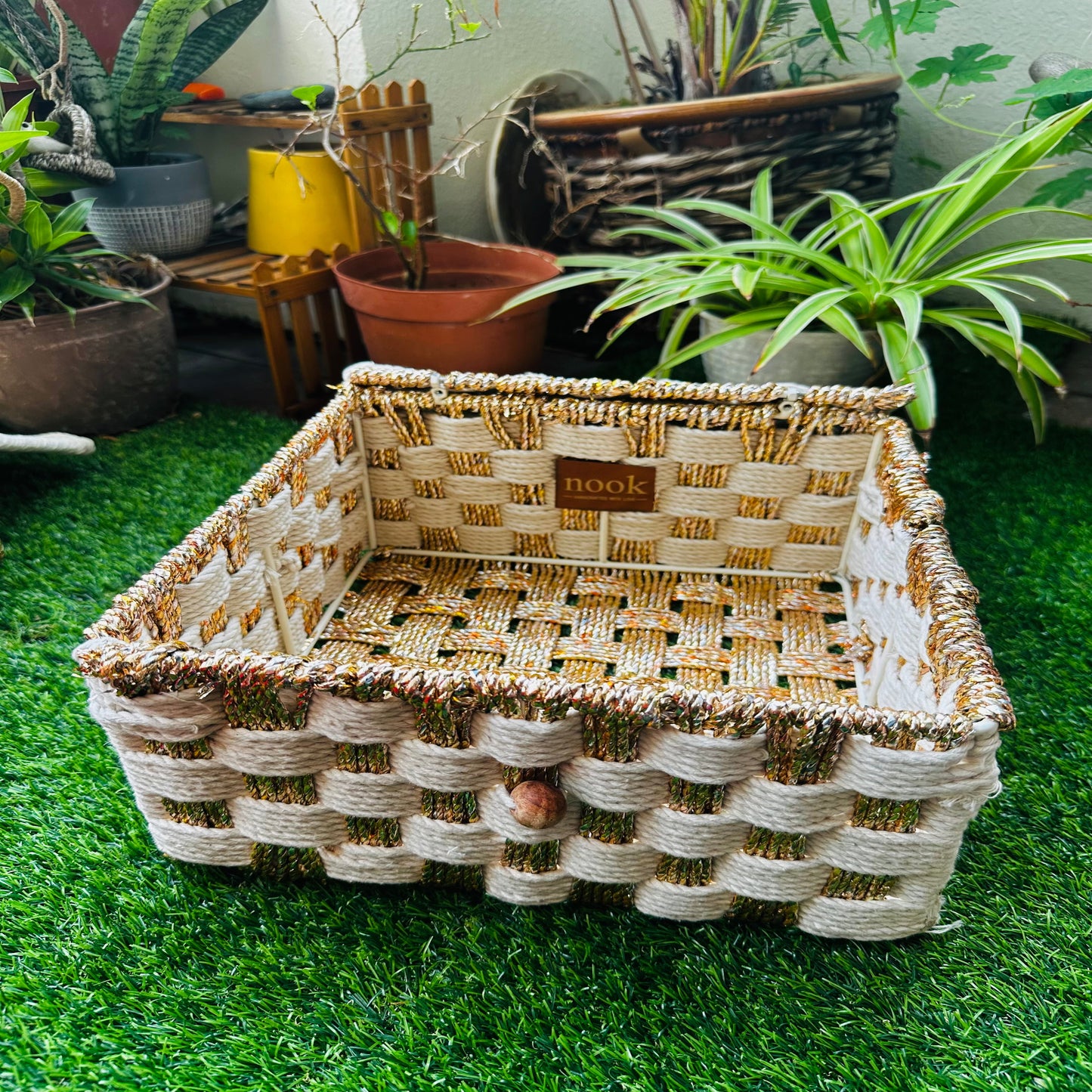 White & Gold Woven Tones Cotton Rope Organizer Box - single