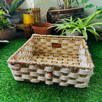 White & Gold Woven Tones Cotton Rope Organizer Box - single