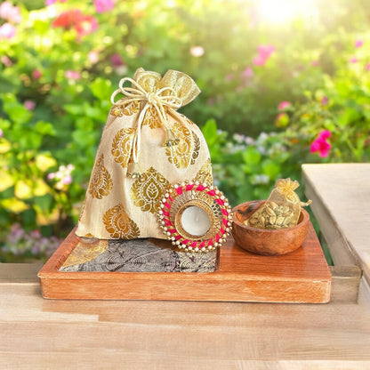 Diwali Hamper 2: Wooden golden chip bowl platter with diwali goodies including normal delivery