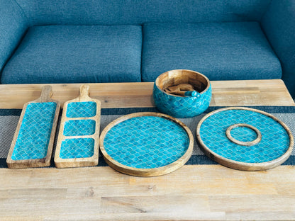 Meraki Turquoise Dream Mango Wood Salad bowl with 2 Servers