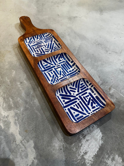 Meraki Blue Meridian Three Part Acacia Wood Platter - single