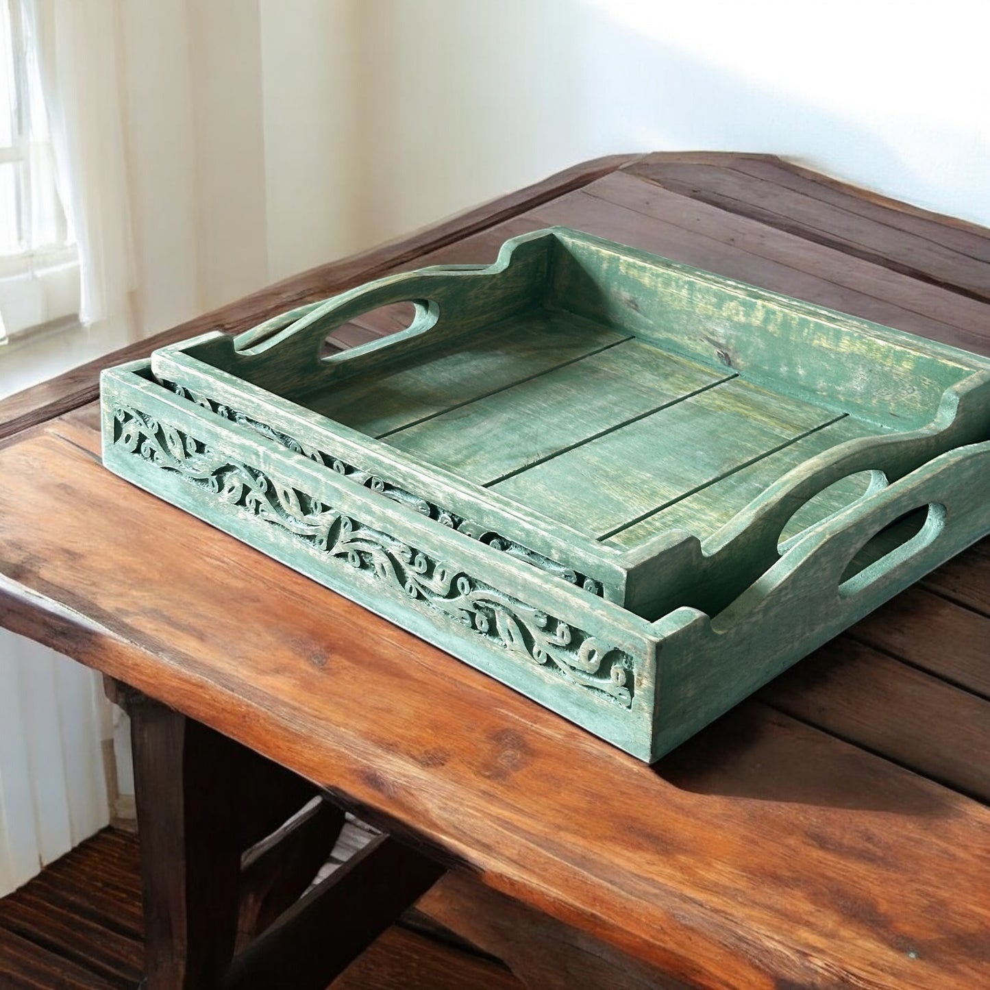 Mango Grove Washed Green Antique Leaf-Embossed Nested Square Trays