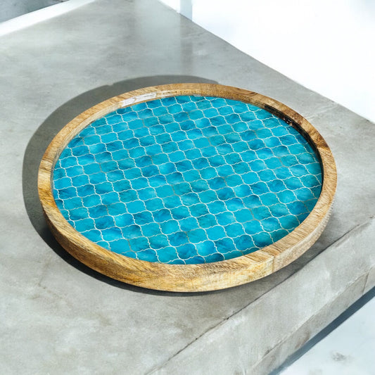 Meraki Turquoise Dream Mango Wood Round Platter - single