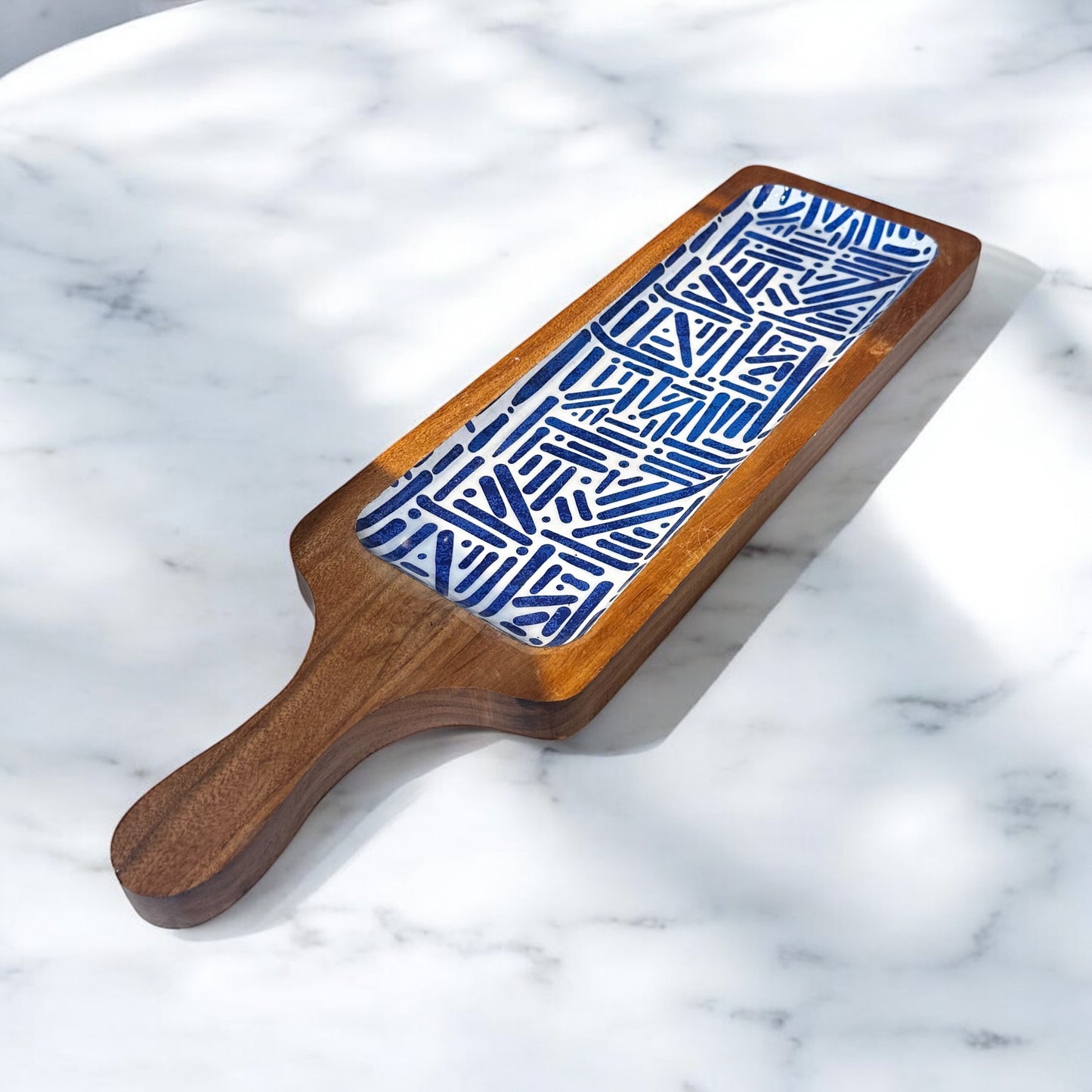 Meraki Blue Meridian Long Acacia Wood Platter - single