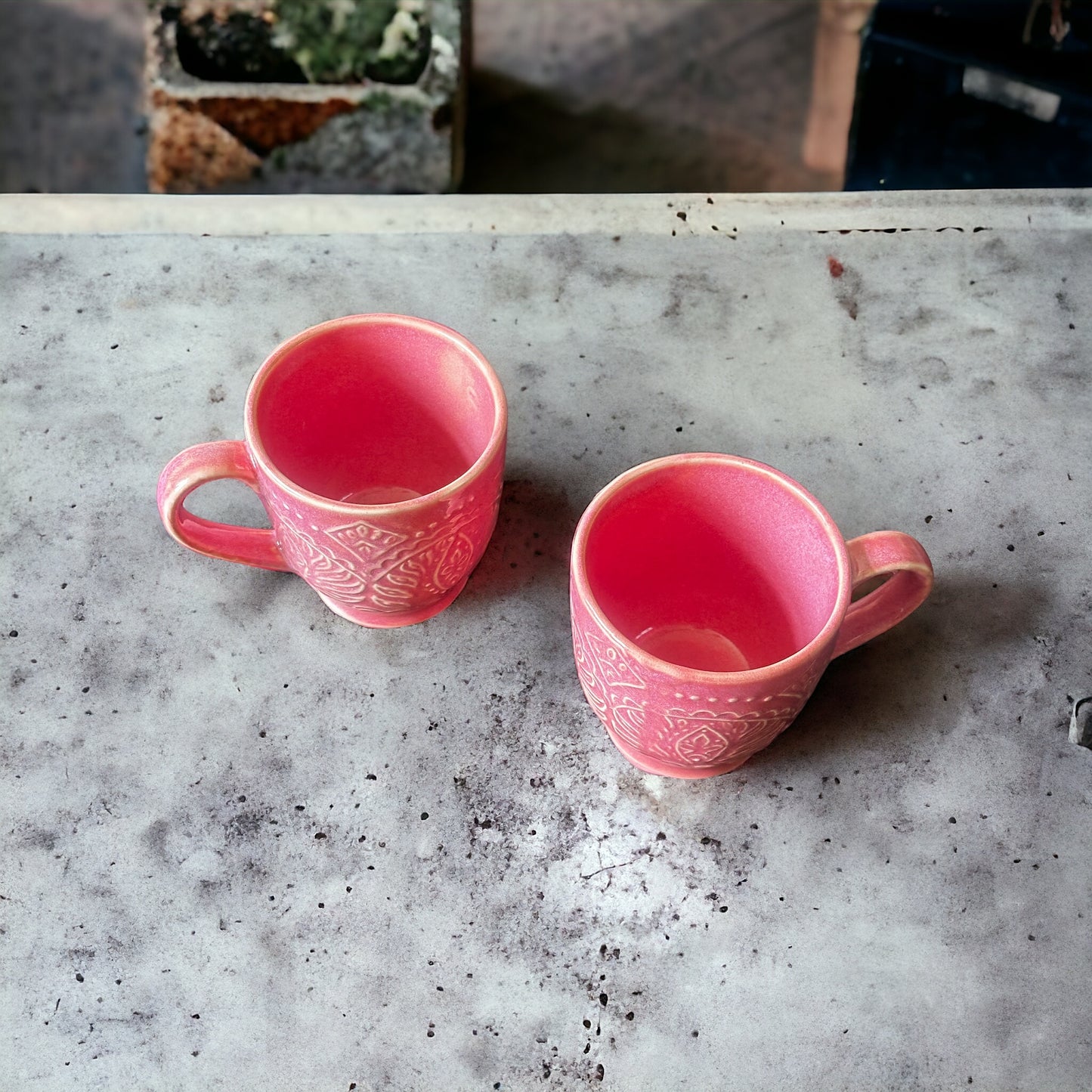 Pink Renee Embossed Studio Pottery Mugs - set of 2