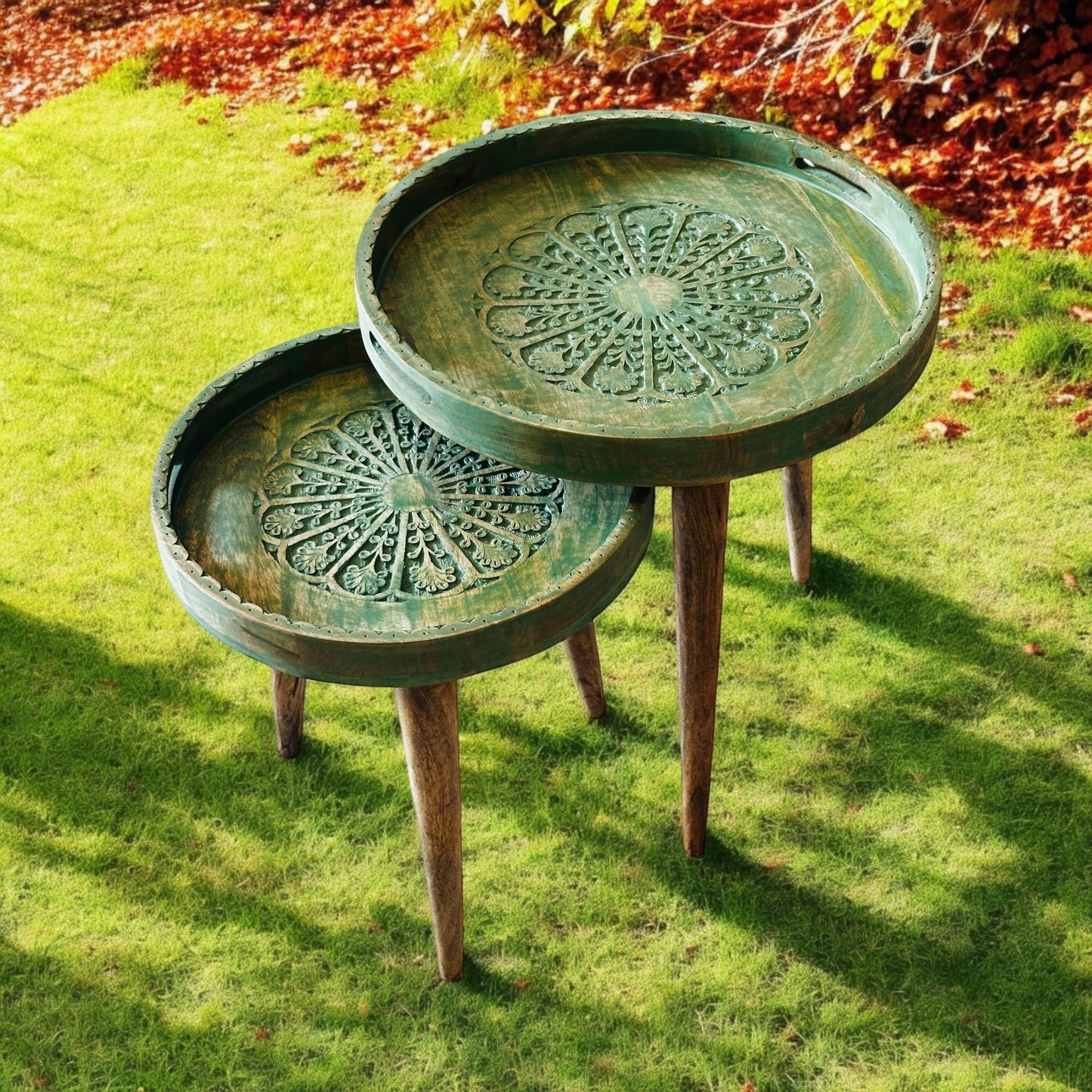 Mango Wood Antique Washed Green LeafHaven Detachable Tables