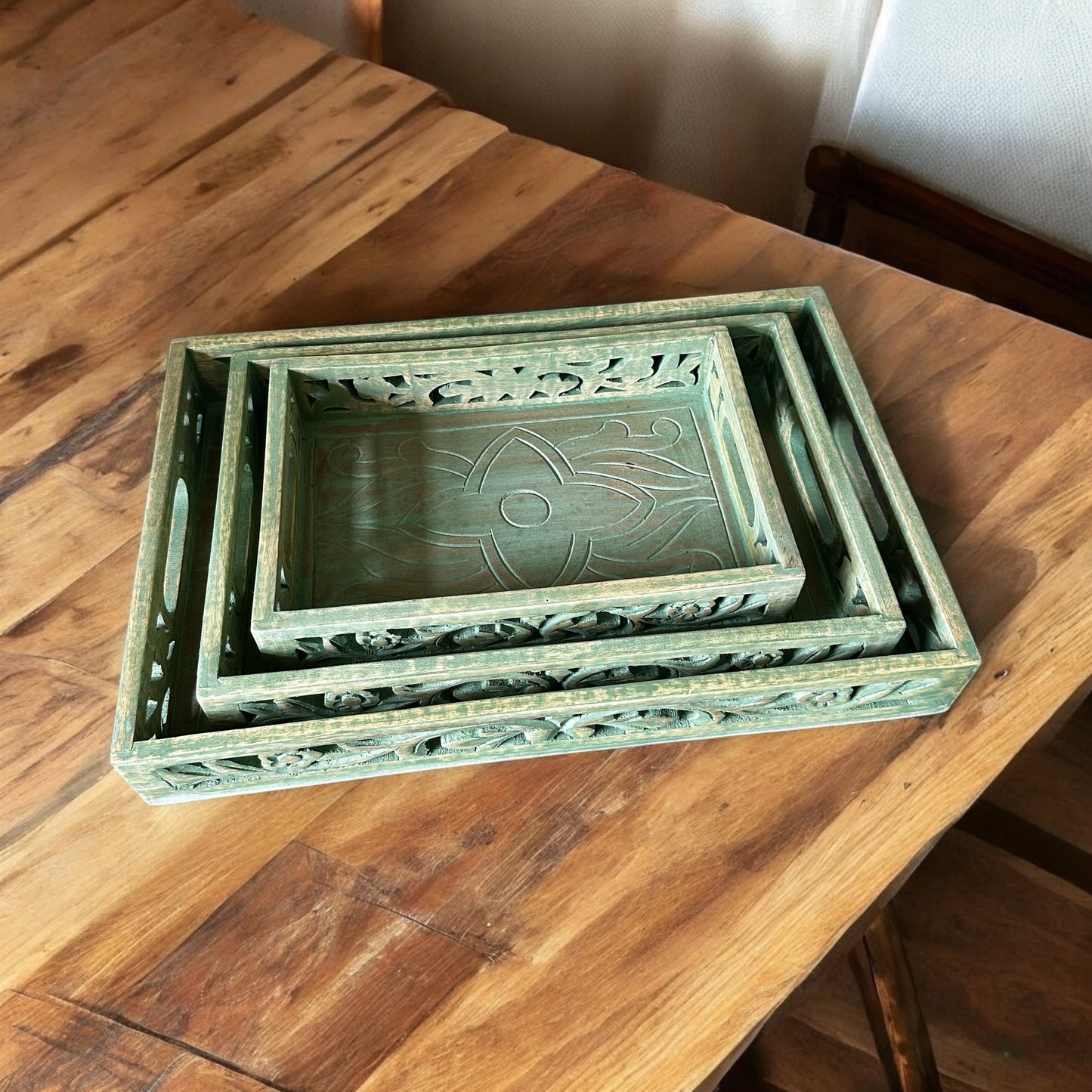 Mango Wood Washed Green Nested Antique Rectangular Trays