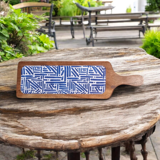 Meraki Blue Meridian Long Acacia Wood Platter - single