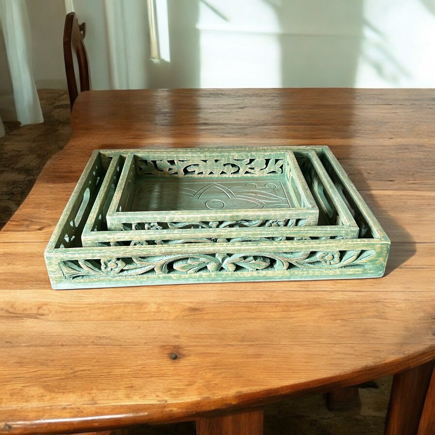 Mango Wood Washed Green Nested Antique Rectangular Trays