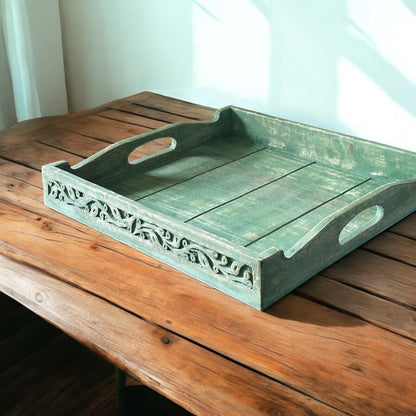 Mango Grove Washed Green Antique Leaf-Embossed Nested Square Trays